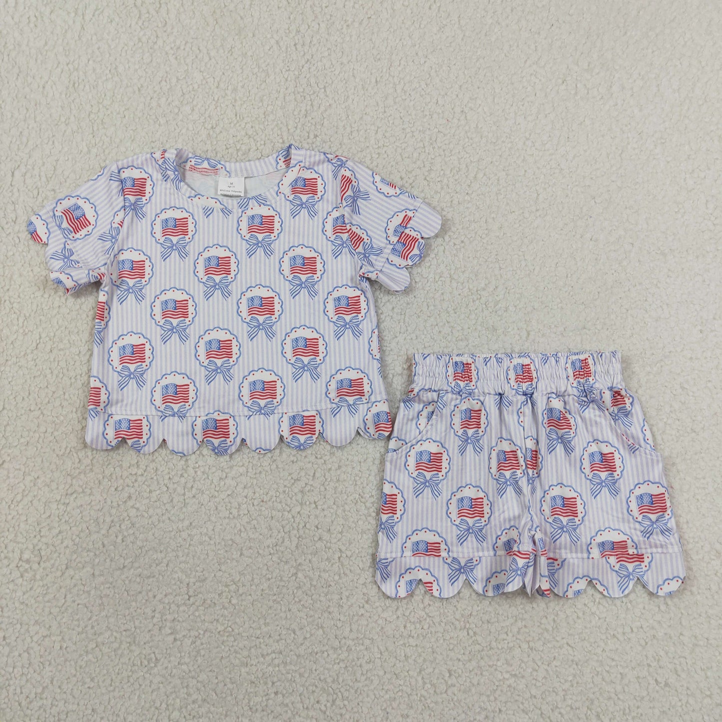 Baby Girls Bows Flags Stripes Shirt Scallop Shorts 4th of July Set Clothes RTS
