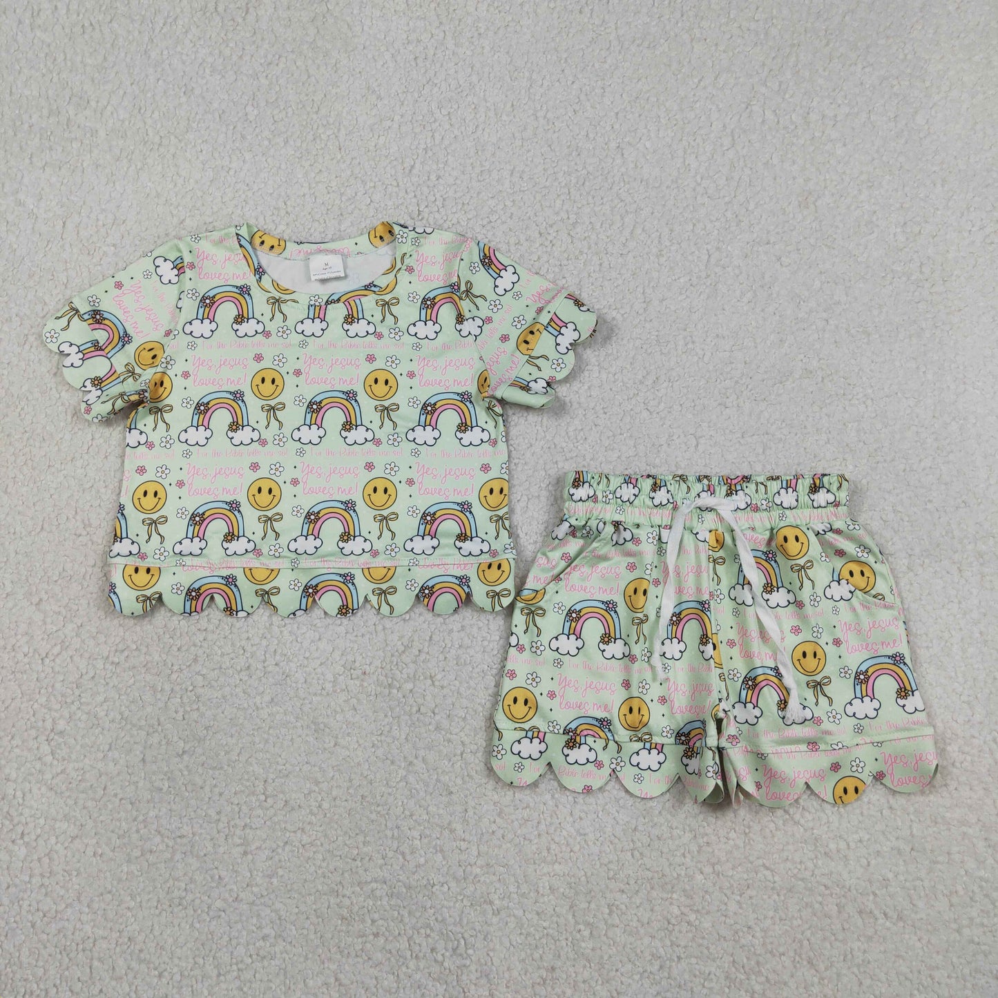 Baby Girls Toddler Short Sleeves Smile Bows Shirt Rainbow Shorts Green Set RTS