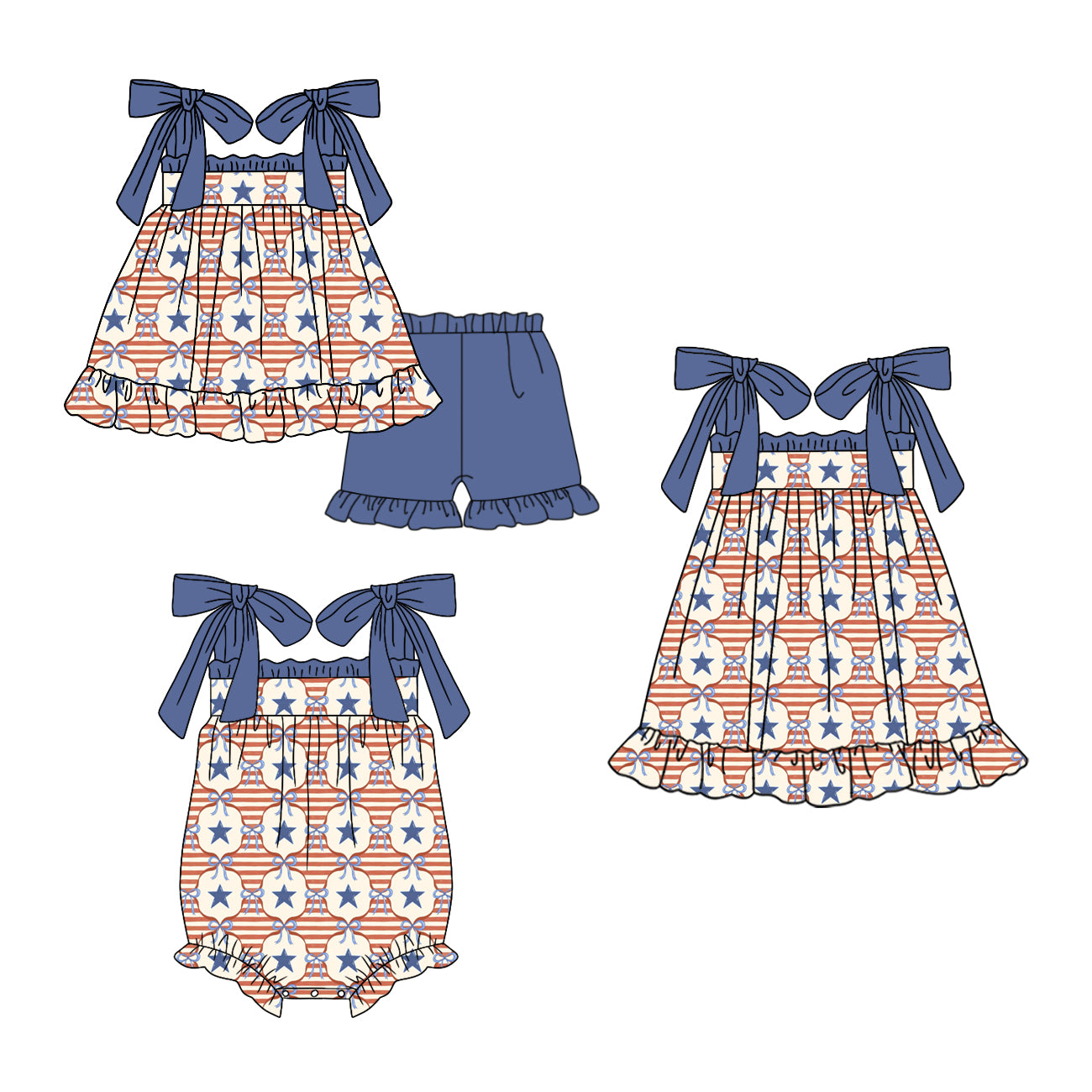 ( Moq 5 Each Style ) Sibling Baby Girls Kids Stars Bows Romper Dress Set Summer Clothes