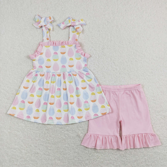 GSSO0559 Easter Baby Girl Sleeveless Eggs Tunic Pink Cotton Ruffle Shorts Set