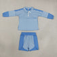 Baby Girls Kids Blue Stripes Zipper Pullover Shorts Yoga Active Set Clothes RTS