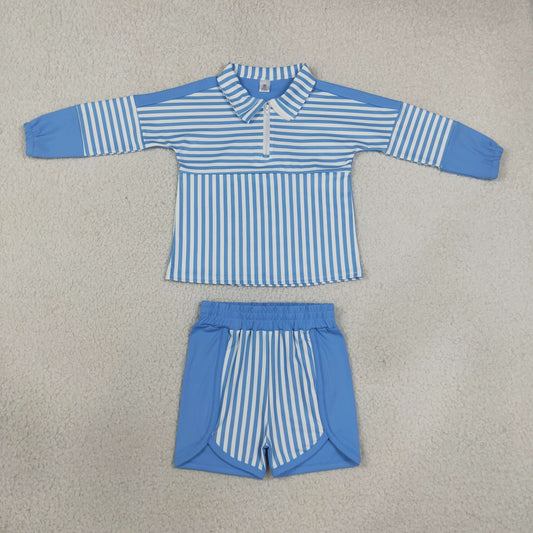 Baby Girls Kids Blue Stripes Zipper Pullover Shorts Yoga Active Set Clothes RTS