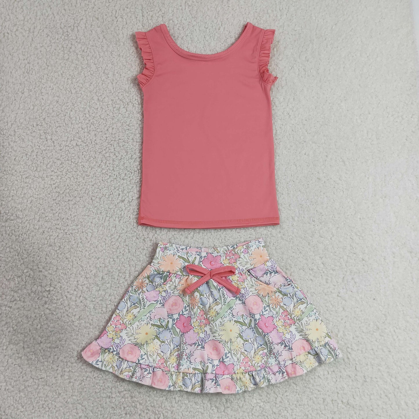 Baby Girls Kids Sleeveless Pink Tops Flower Pockets Scallop Skirt Shorts Yoga Clothes Set RTS