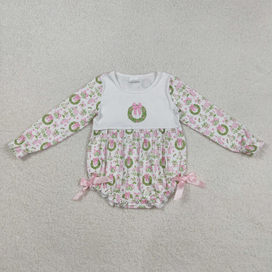 Baby Girl Long Sleeves Pink Bows Holly Christmas Ruffle Bubble Romper RTS