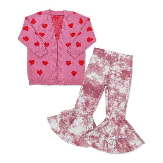 GLP1146 Baby Girl Valentine's Day Hearts Sweater Pink Tie Dye Denim Pants Set