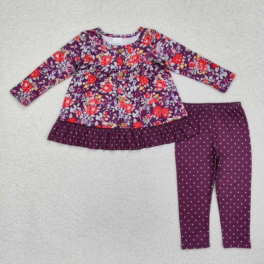 Baby Girl Long Sleeves Flower Pocket Tunic Purple Legging Outfit Clothes Set