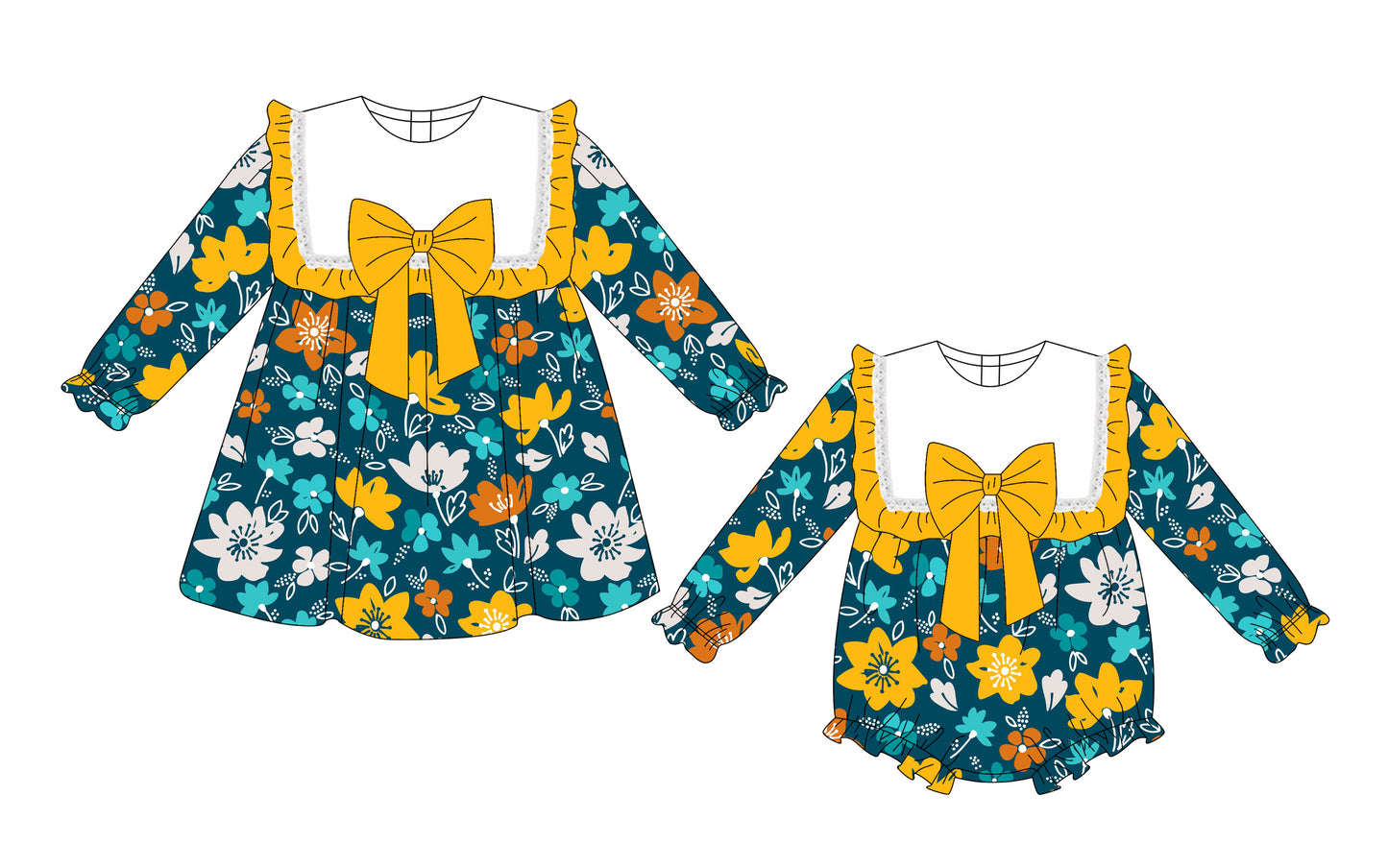 ( Moq 5 Each Style ) Sibling Baby Girls Toddler Long Sleeves Flower Bows Romper Dress Clothes