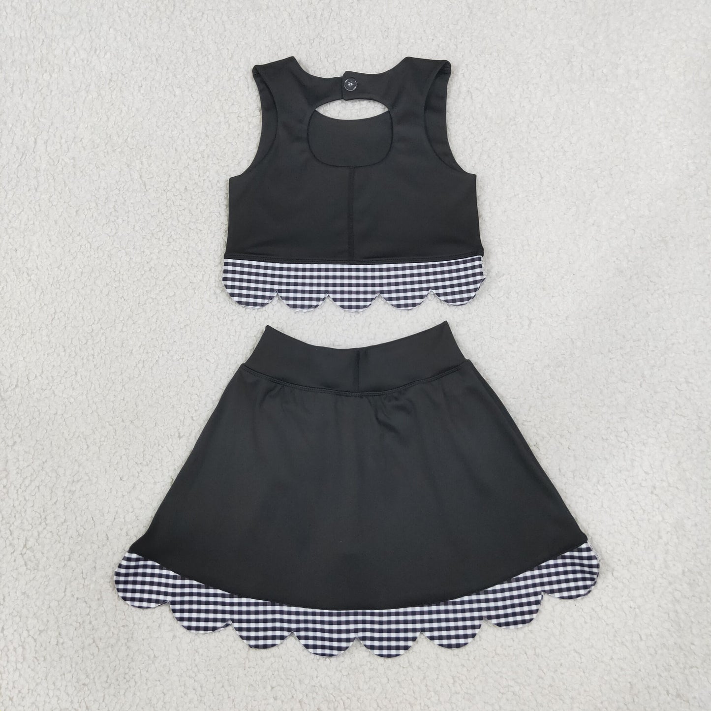 Baby Girls Kids Scallop Shirt Black Plaid Bows Skirt Shorts Set Yoga Active Clothes RTS