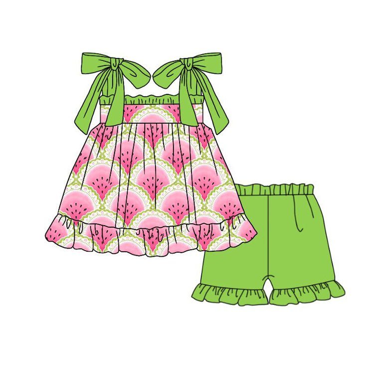 ( Moq 5 ) Preorder Baby Girl Kids Watermelon Tunic Green Ruffle Shorts Set Summer Clothes