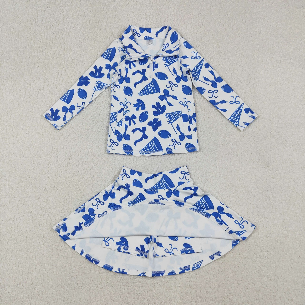 Sibling Baby Girl Orange Blue Football Bows Team Cheer Zipper Shirt Skort Pants Yoga Active Set RTS