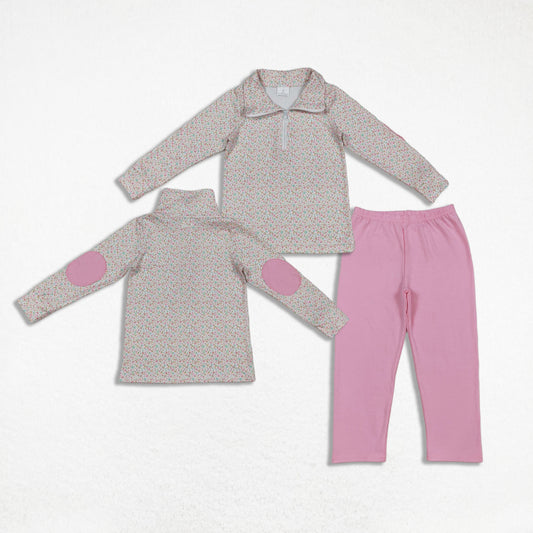 Baby Girl Long Sleeves Floral Zipper Shirt Pink Cotton Pants Set RTS