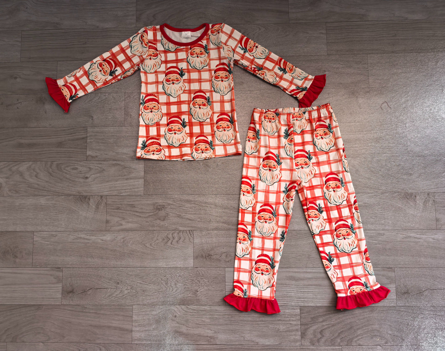 ( No moq ) Preorder Baby Girls Kids Long Sleeves Christmas Santa Plaid Shirt Pants Set Pajamas Clothes