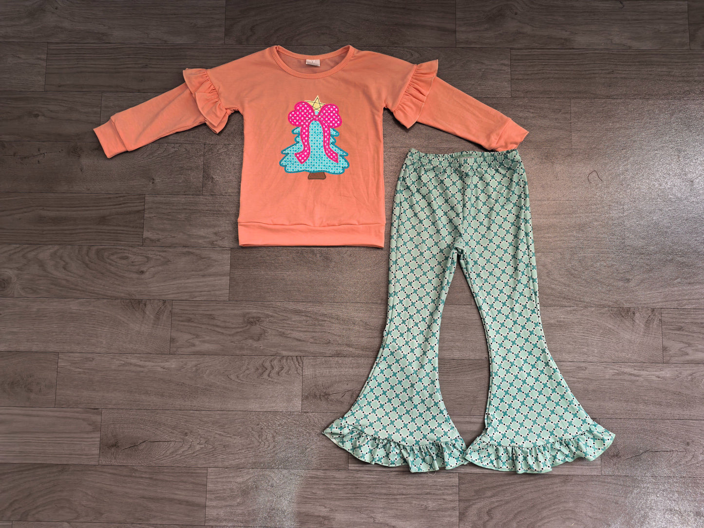 ( No moq ) Preorder Baby Girls Kids Embroidery Christmas Tree Bows Tunic Plaid Pants Set Clothes