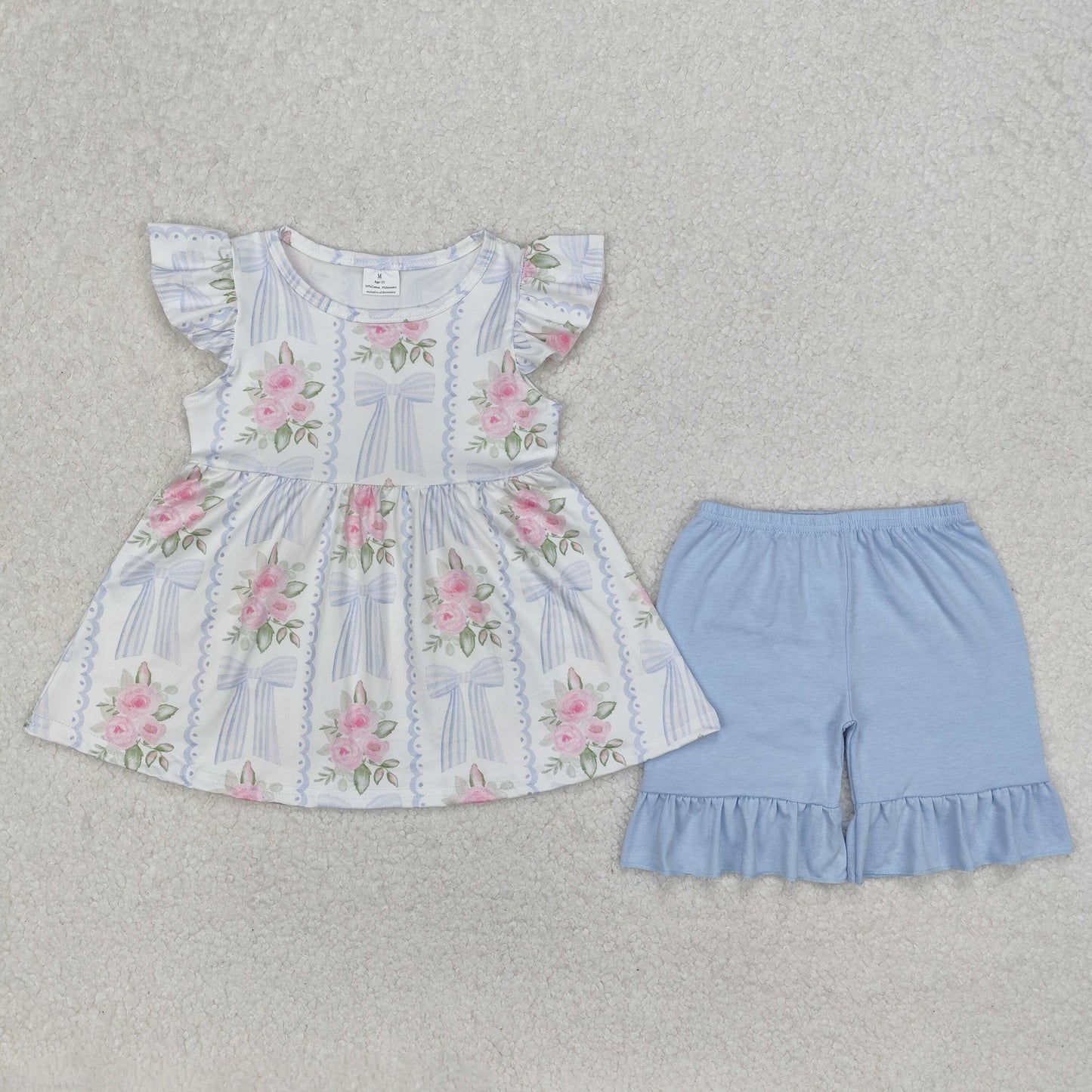 Baby Girl Short Sleeves Flower Bows Tunic Blue Shorts Set RTS