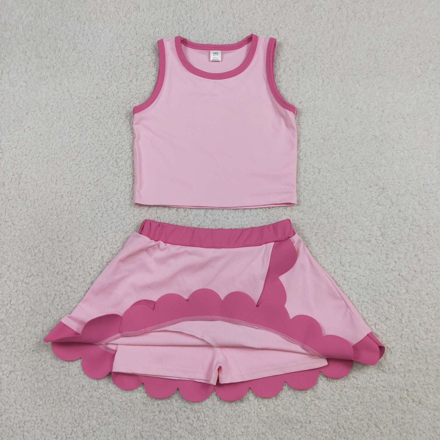 Baby Girls Kids Shirt Scallop Skirt Shorts Yoga Active Pink Set Clothes RTS