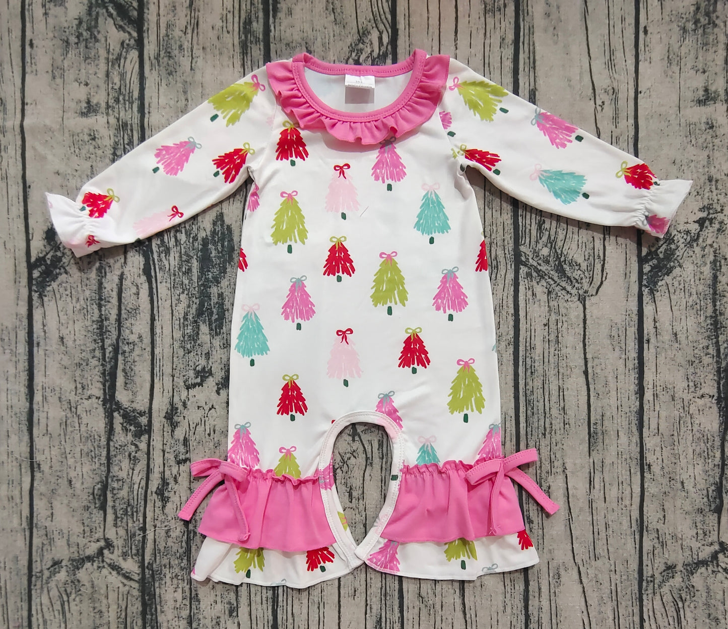 Baby Girl Long Sleeves Bows Trees Christmas Ruffle Romper RTS