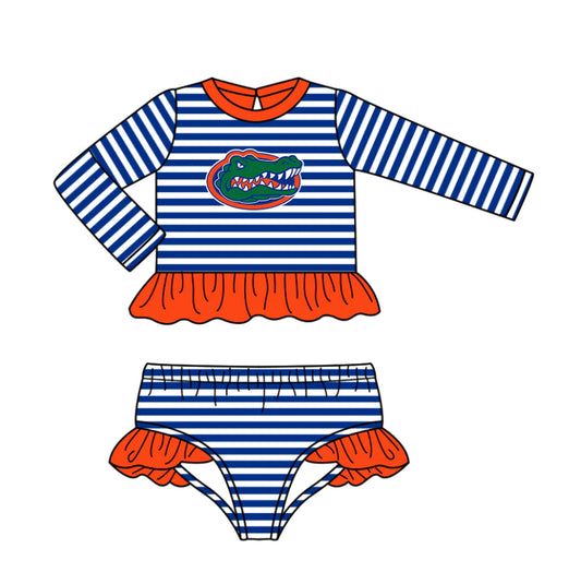 ( Moq 5 ) Baby Girls Kids Stripes Long Sleeves Ruffle Tops Shorts Team Set Swimsuit