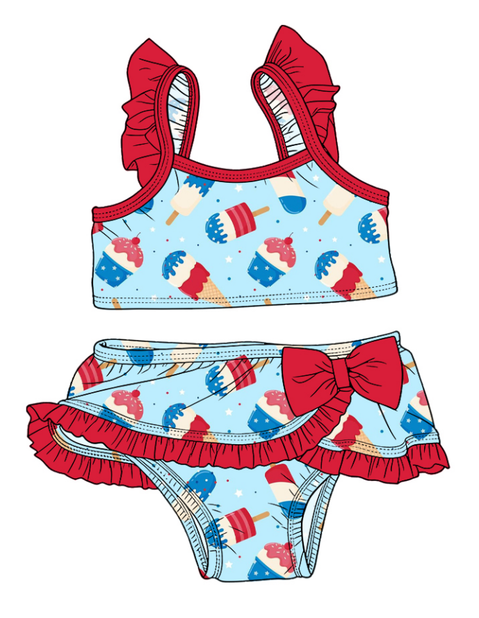 ( Moq 5 Each Style ) Sibling Baby Girls Kids Popsicles Tops Ruffle Shorts 4th of July Sets Summer Swimsuits