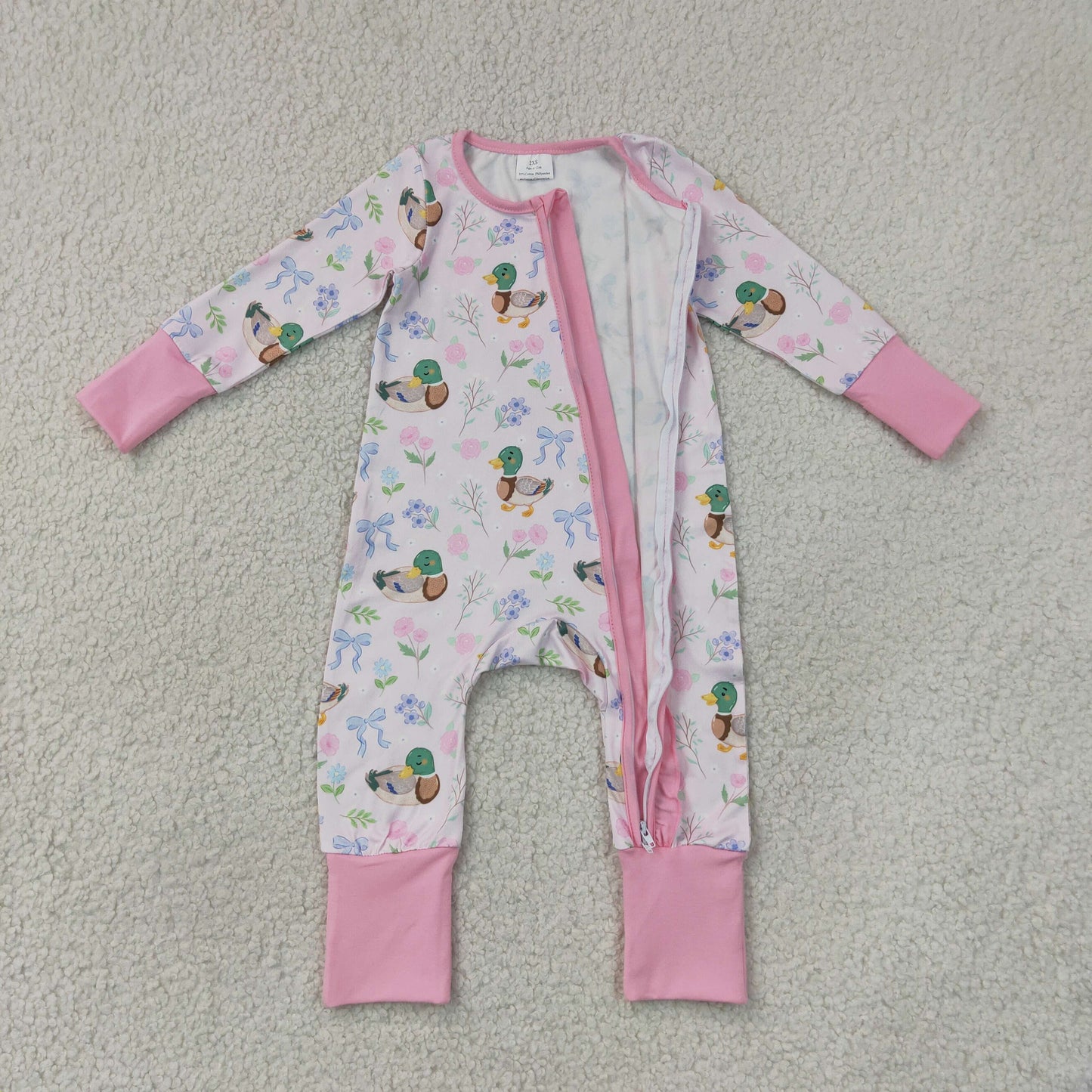 Baby Girls Kids Ducks Flower Bows Pink Ruffle Zipper Footie Sleeper Romper RTS