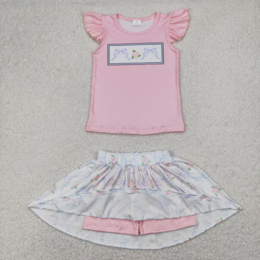 Baby Girl Short Sleeves Flower Bows Pink Shirt Skirt Shorts Skort Clothes Set RTS