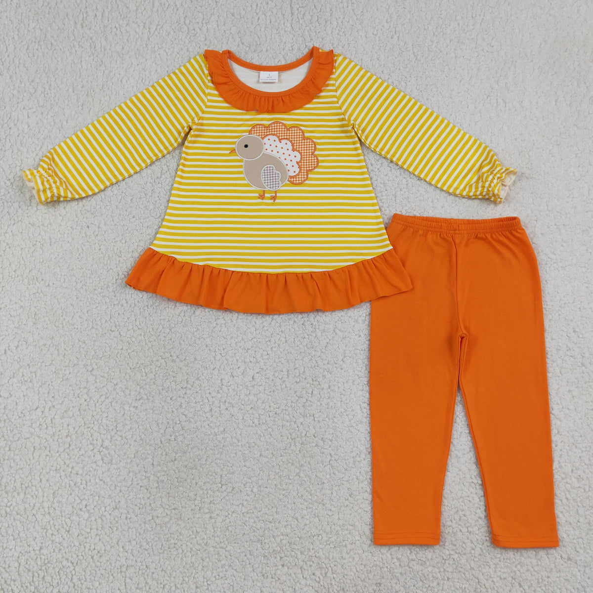 Baby Girls Kids Embroidery turkey Stripes Tunic Orange Pants Set Fall Clothes RTS