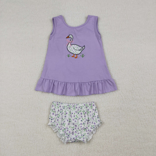 Baby Girls Kids Sleeveless Embroidery Goose Purple Tops Floral Bummie Shorts Set RTS