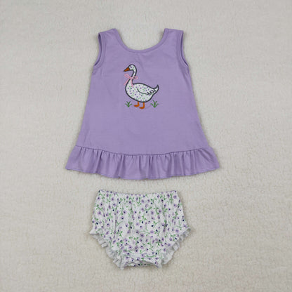 Sibling Baby Girls Sleeveless Embroidery Floral Duck Bows Purple Dress Sets Clothes RTS