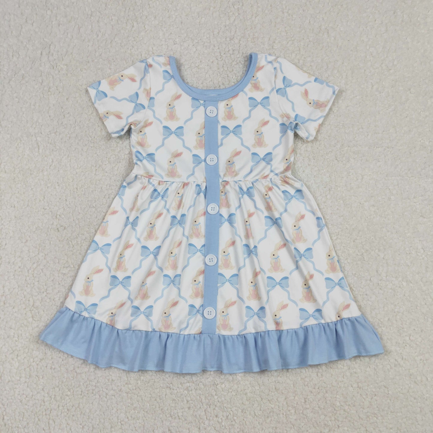 Baby Girls Short Sleeves Blue Bows Rabbits Buttons Ruffle Easter Knee Length Dress RTS