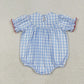 Baby Girl Short Sleeves Embroidery Farm Animals Blue Plaid Bubble Smocked Romper