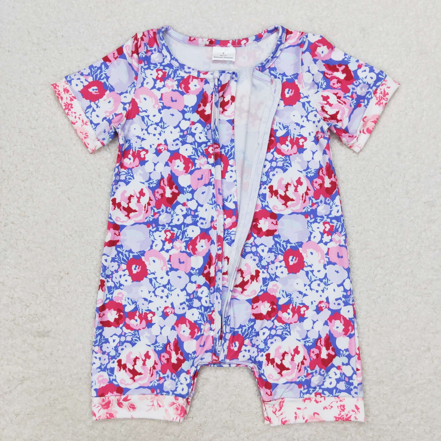 Baby Girl Short Sleeves Flower Zipper Purple One Piece Romper