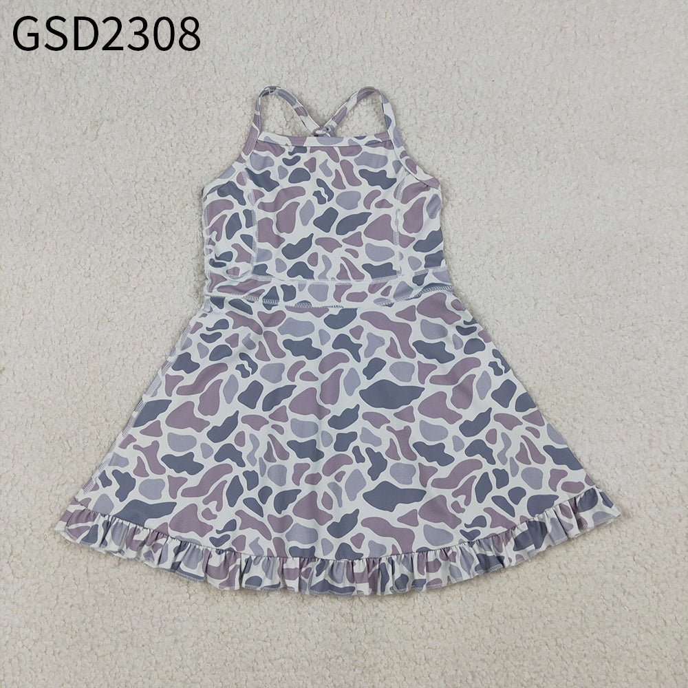 Baby Girls Kids Straps Grey Camo Yoga Active Shorts Knee Length Dress RTS