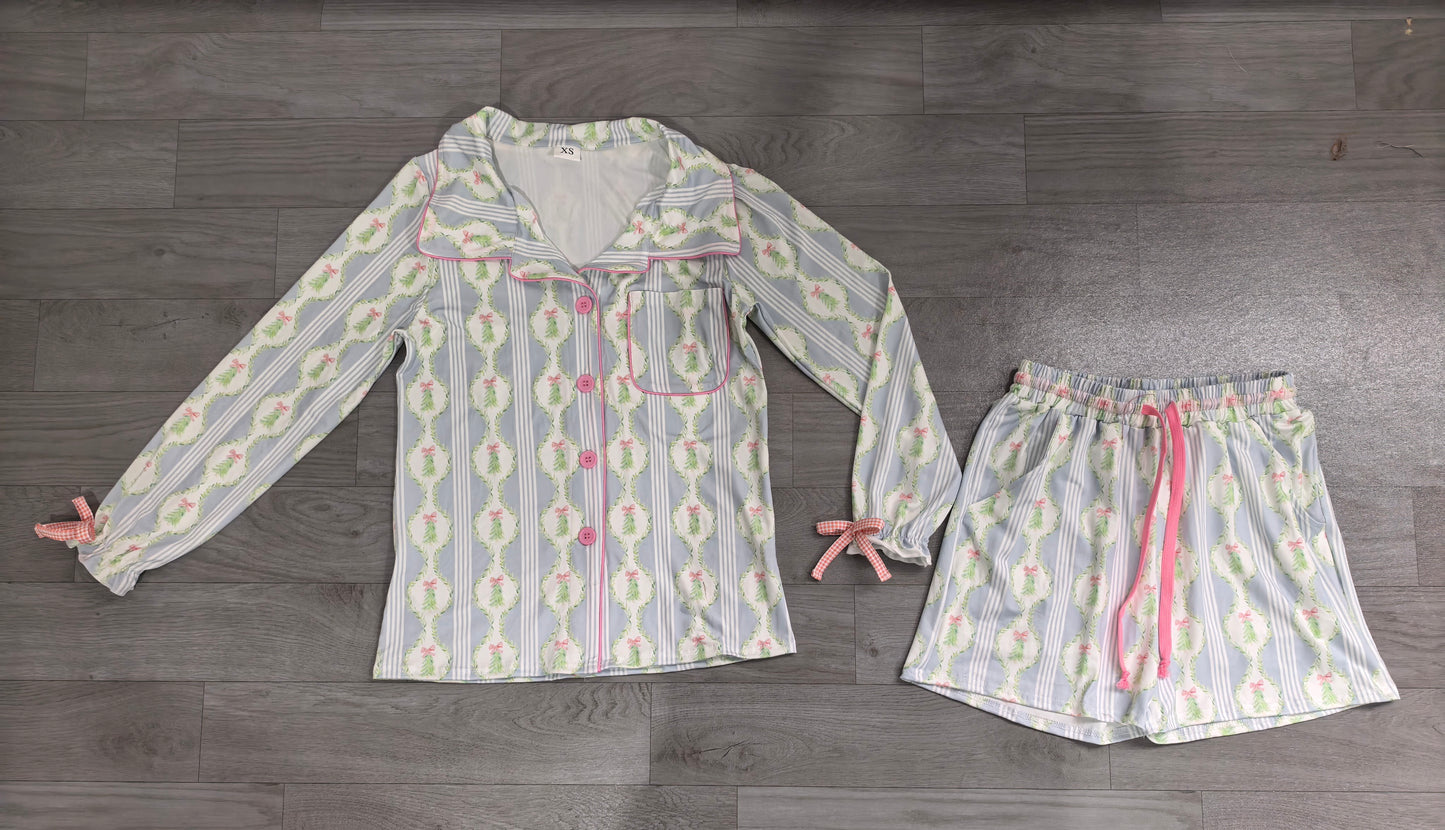 ( No moq ) Preorder Adult Women Long Sleeves Christmas Tree Bows Buttons Tops Shorts Pajamas Blue Set