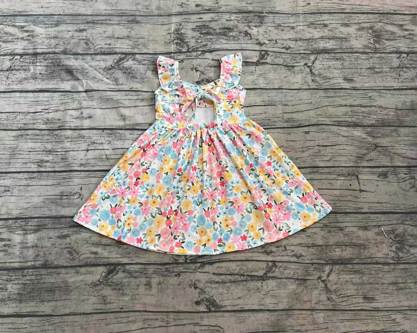 Baby Girl Short Sleeves Flower Bow Knee Length Yellow Dress RTS