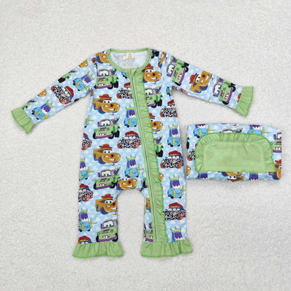 Baby Boy Long Sleeves Green Cars Ruffle Zipper Bamboo Romper