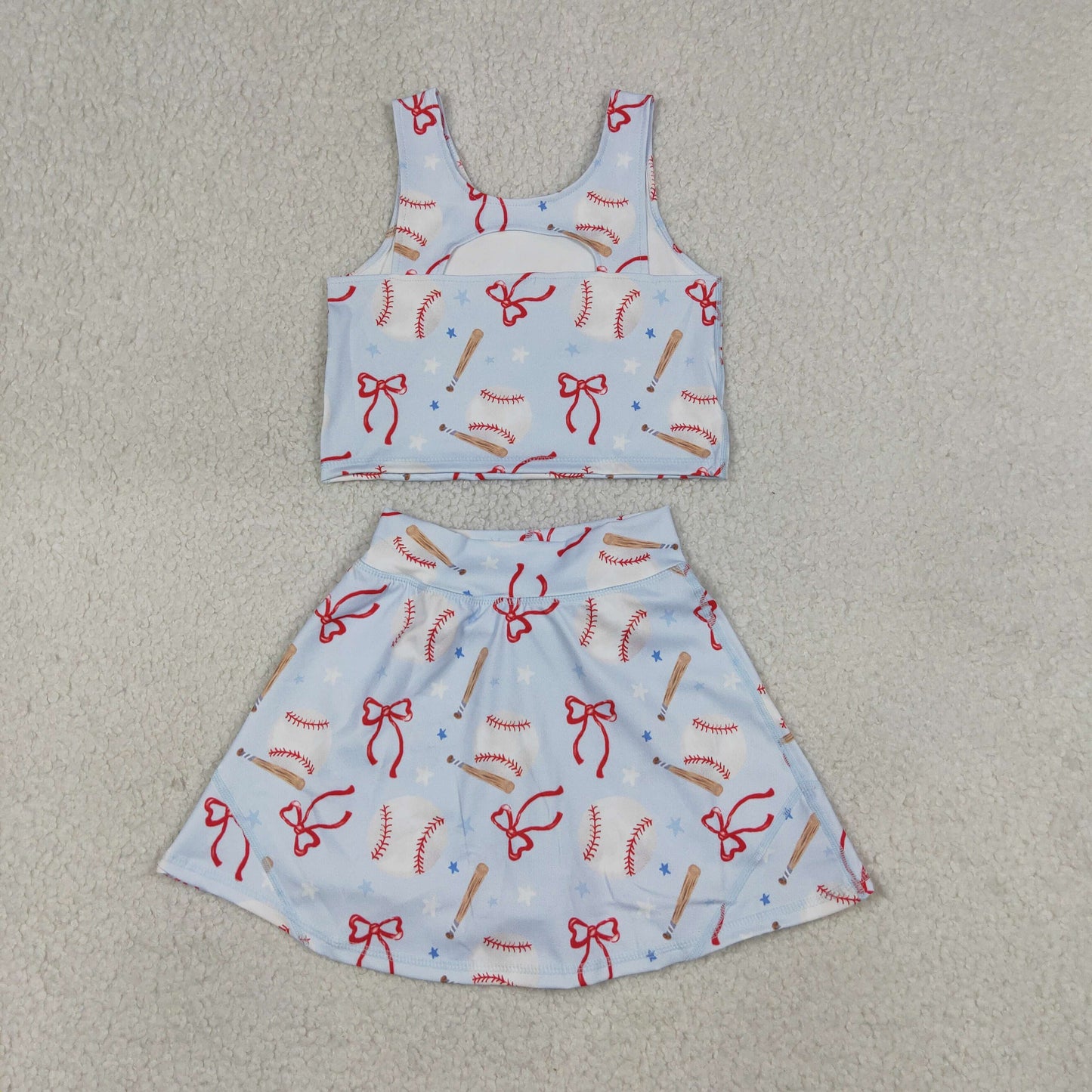 Baby Girls Kids Baseball Bows Tops Blue Skirt Shorts Yoga Summer Set RTS