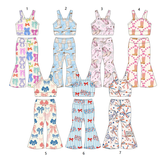 ( Moq 5 Each Style ) Baby Girl Sleeveless Western Bows Tops Bell Pants Sibling Set 3.26