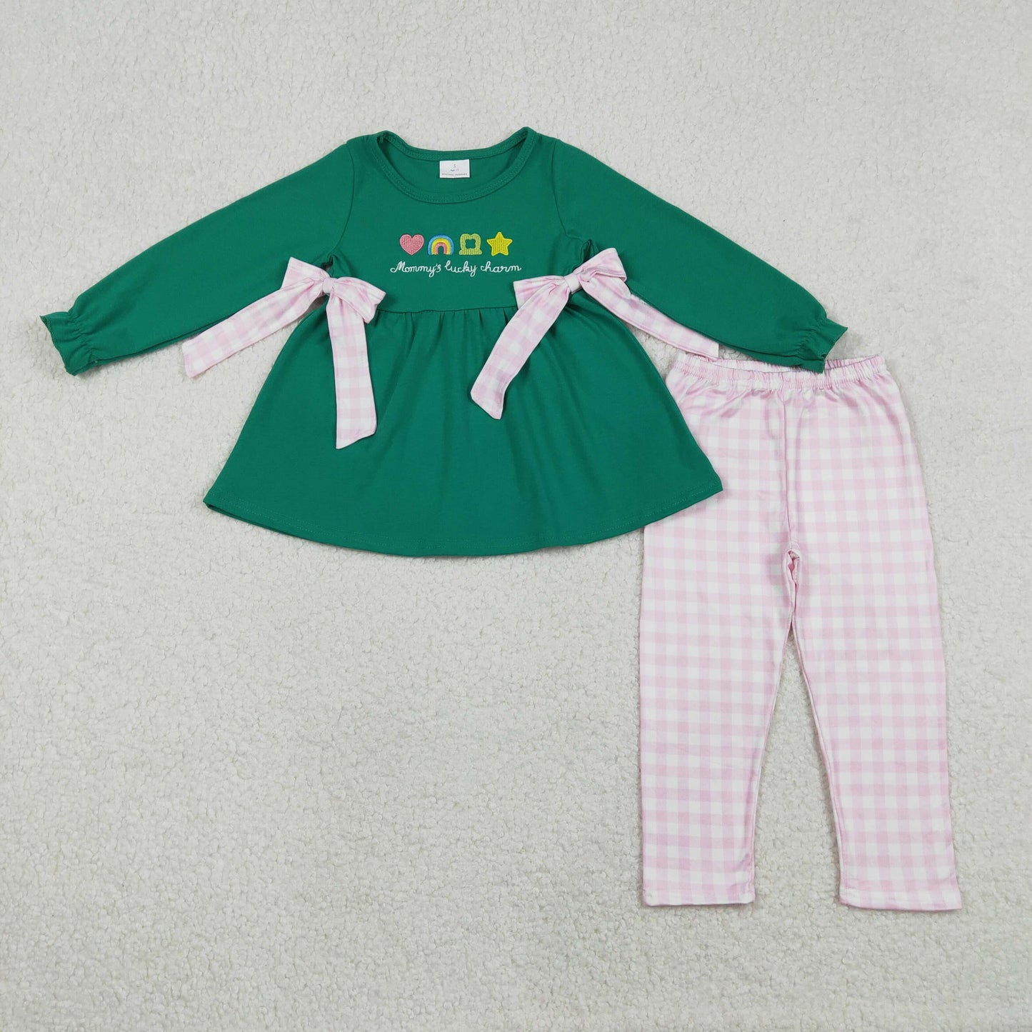 Baby Girls Green Long Sleeves Embroidery Clovers Bows Green Tunic Plaid Leggings St Patrick Set