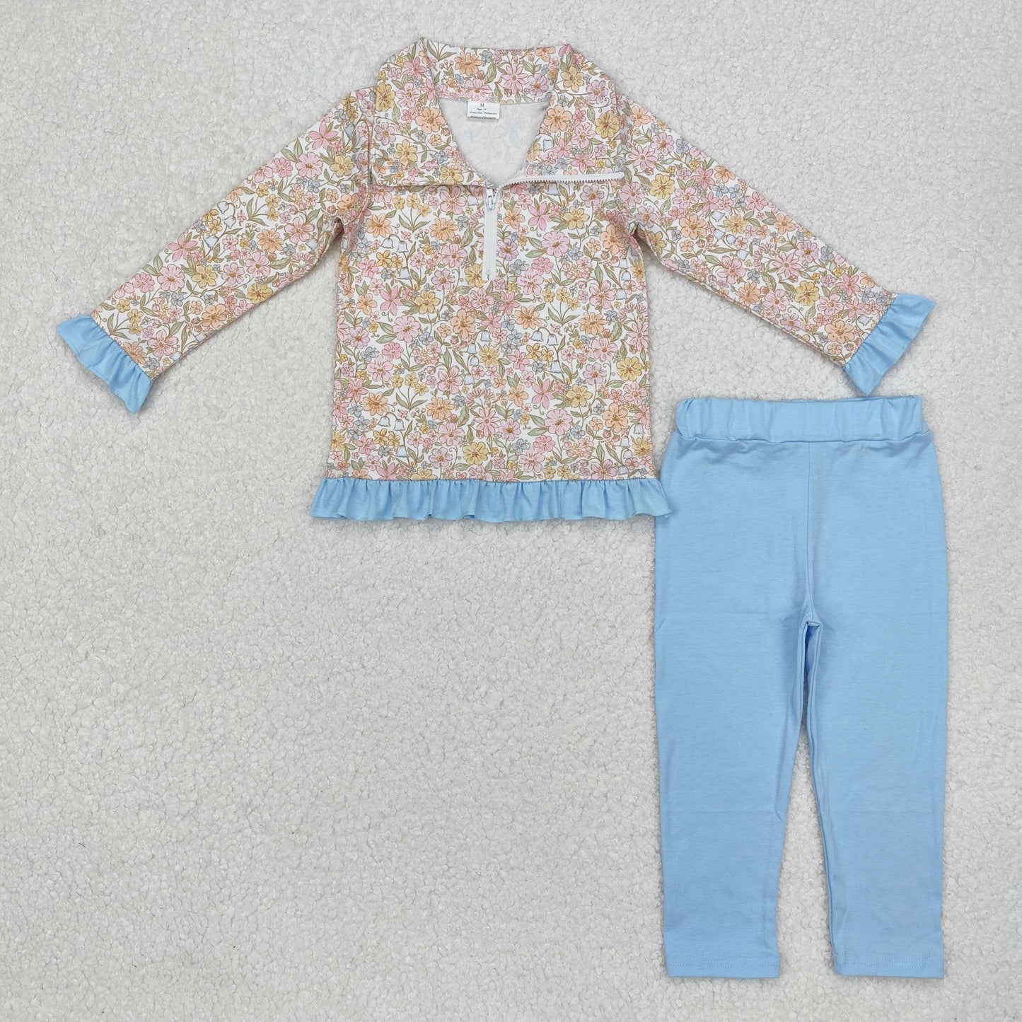 Baby Girl Long Sleeves Floral Zipper Shirt Blue Cotton Pants Clothes Flower Set