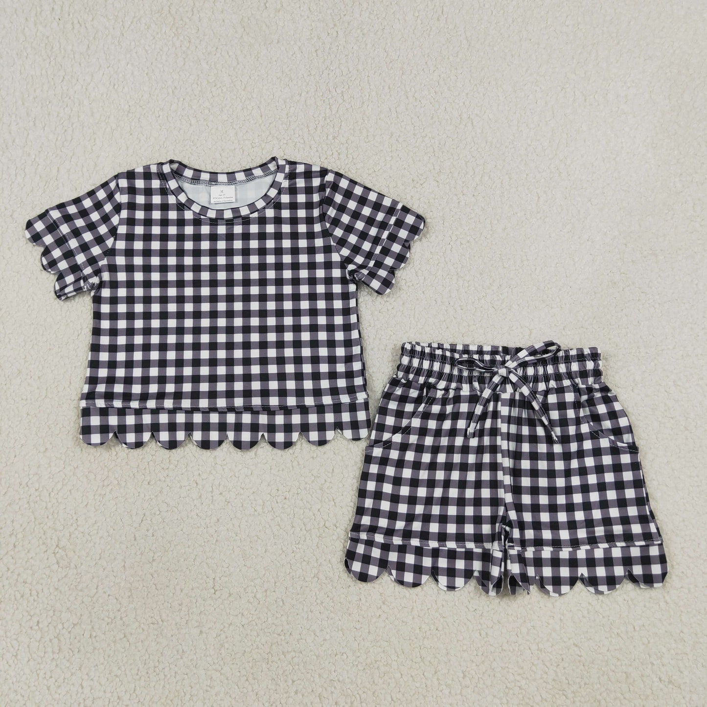 Baby Girls Kids Short Sleeves Black Plaid Shirt Scallop Shorts Set Clothes RTS