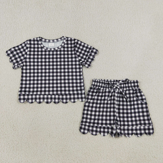 Baby Girls Kids Short Sleeves Black Plaid Shirt Scallop Shorts Set Clothes RTS