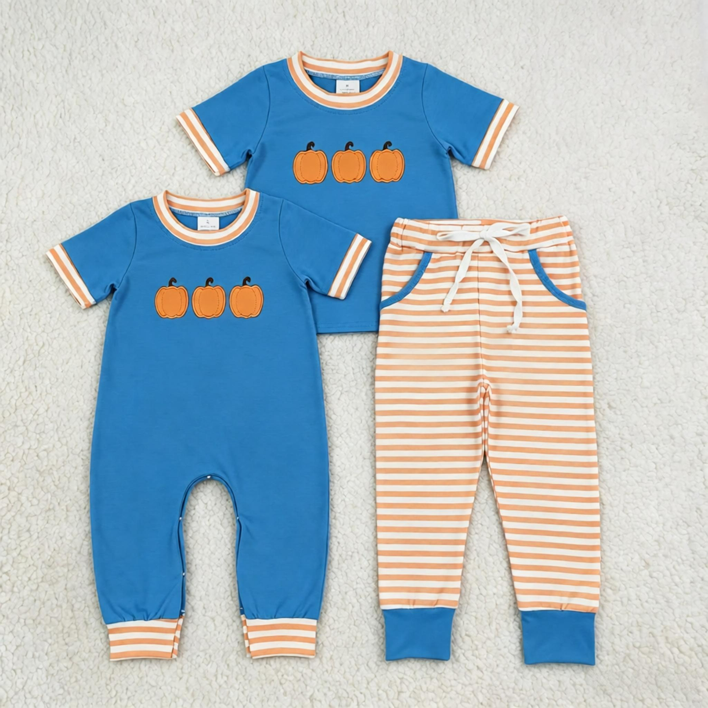 Sibling Baby Boys Kids Embroidery Pumpkins Romper Thanksgiving Set Blue Clothes RTS