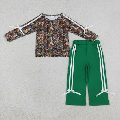 Sibling Baby Girls Kids Bows Long Sleeves Camo Shirts Pockets Pants Sets Clothes RTS