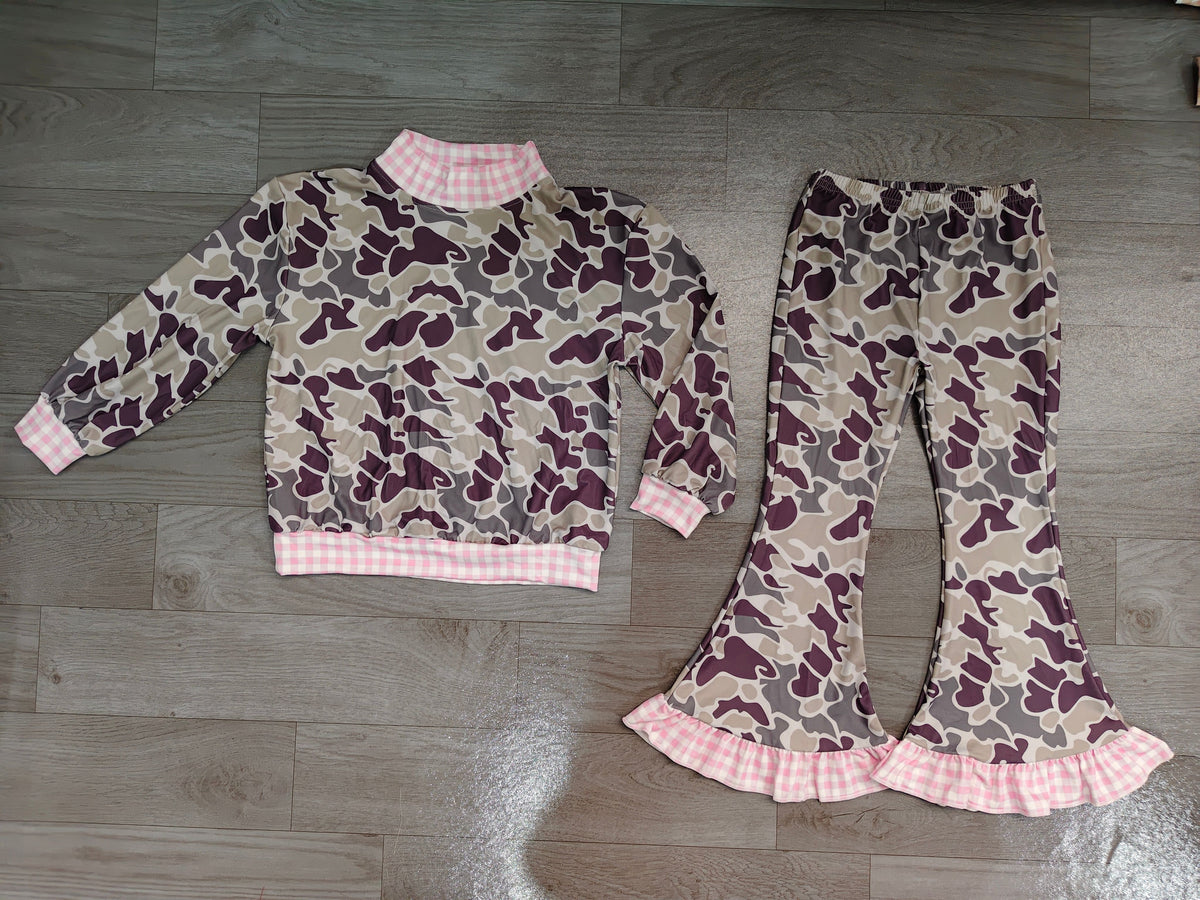 ( No moq ) Preorder Baby Girls Kids Plaid Pullover Dark Grey Camo Bell Pants Set Clothes