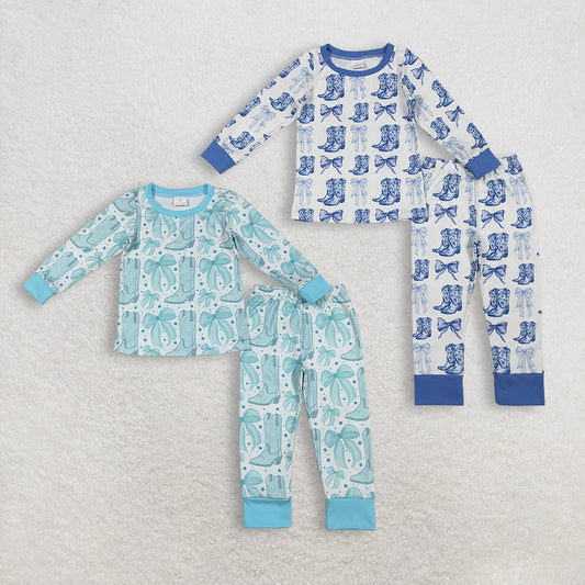 Sibling Baby Girls Kids Long Sleeves Boots Bows Shirts Pants Western Pajamas Sets RTS