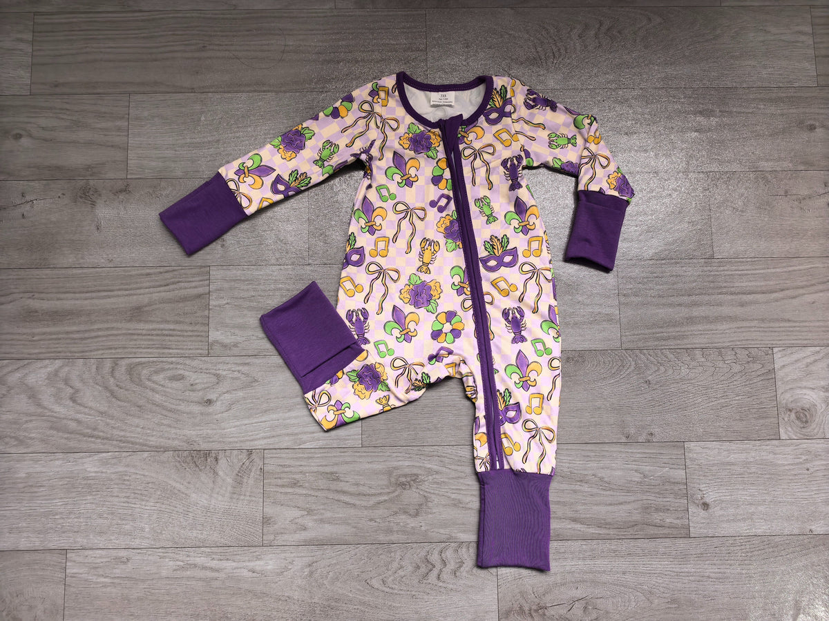 ( No moq ) Preorder Baby Girls Kids Crawfish Bows Mardi Gras Zipper Footie Sleeper Romper Clothes