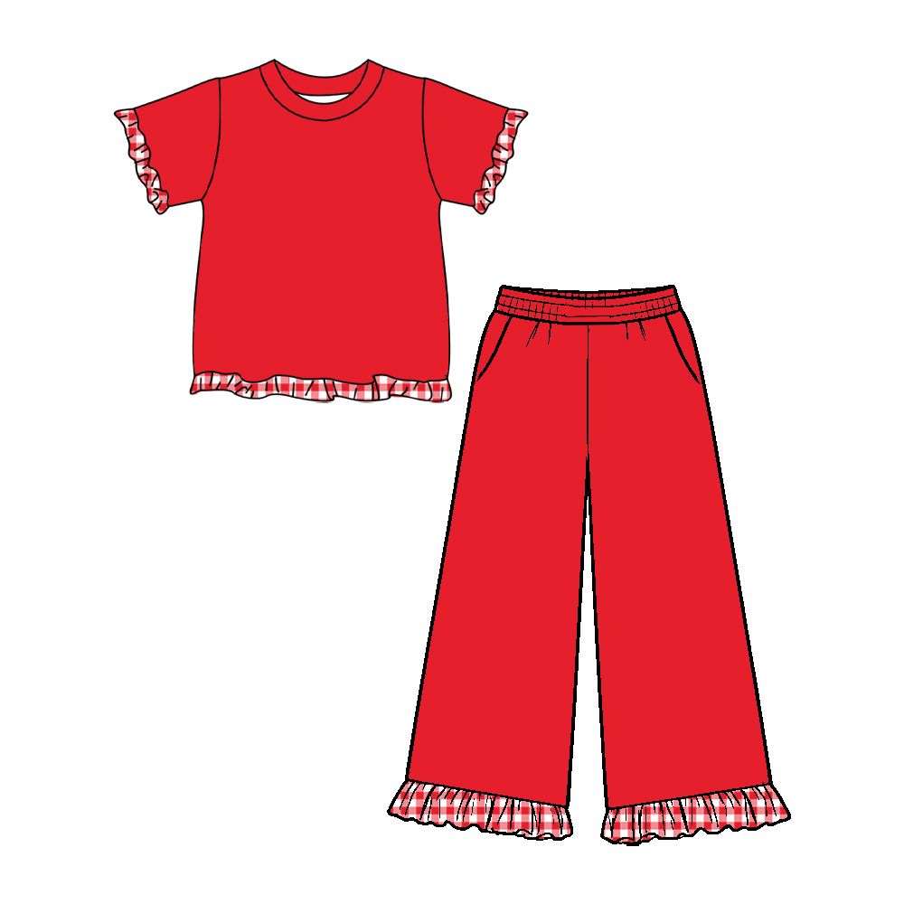 ( Moq 5 ) Preorder Baby Girls Kids Short Sleeves Plaid Ruffle Shirt Pockets Pants Red Set Cotton Clothes