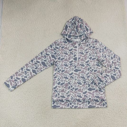 Adult Men Long Sleeves Hoodie Zipper Pullover Grey Camo Shirt RTS