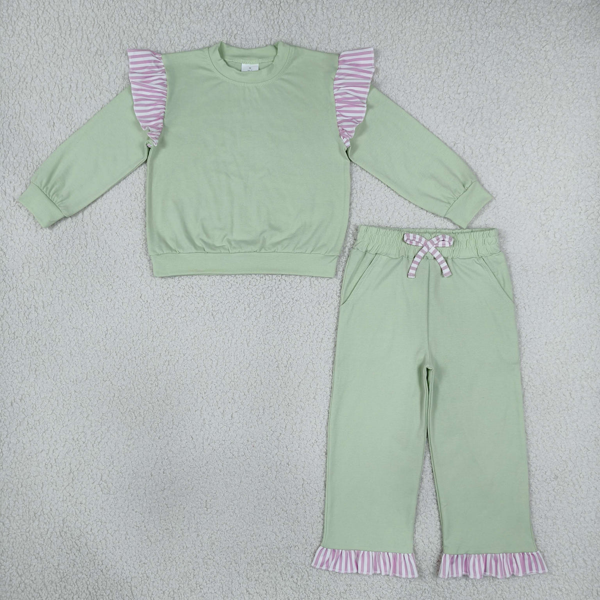 Sibling Baby Girls Kids Long Sleeves Shirts Pockets Shorts Pants Cotton Green Sets Clothes RTS