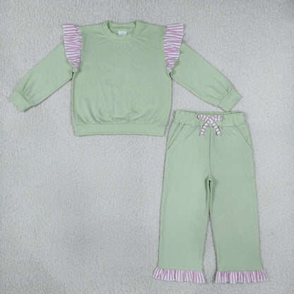 Sibling Baby Girls Kids Long Sleeves Shirts Pockets Shorts Pants Cotton Green Sets Clothes RTS