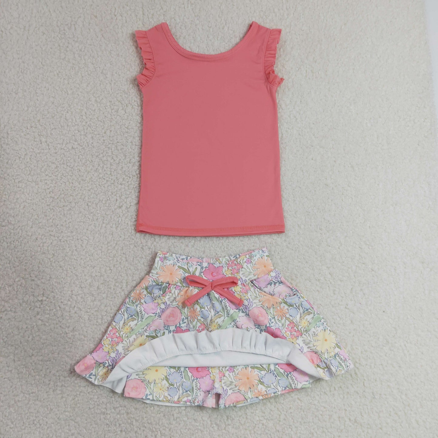 Baby Girls Kids Sleeveless Pink Tops Flower Pockets Scallop Skirt Shorts Yoga Clothes Set RTS